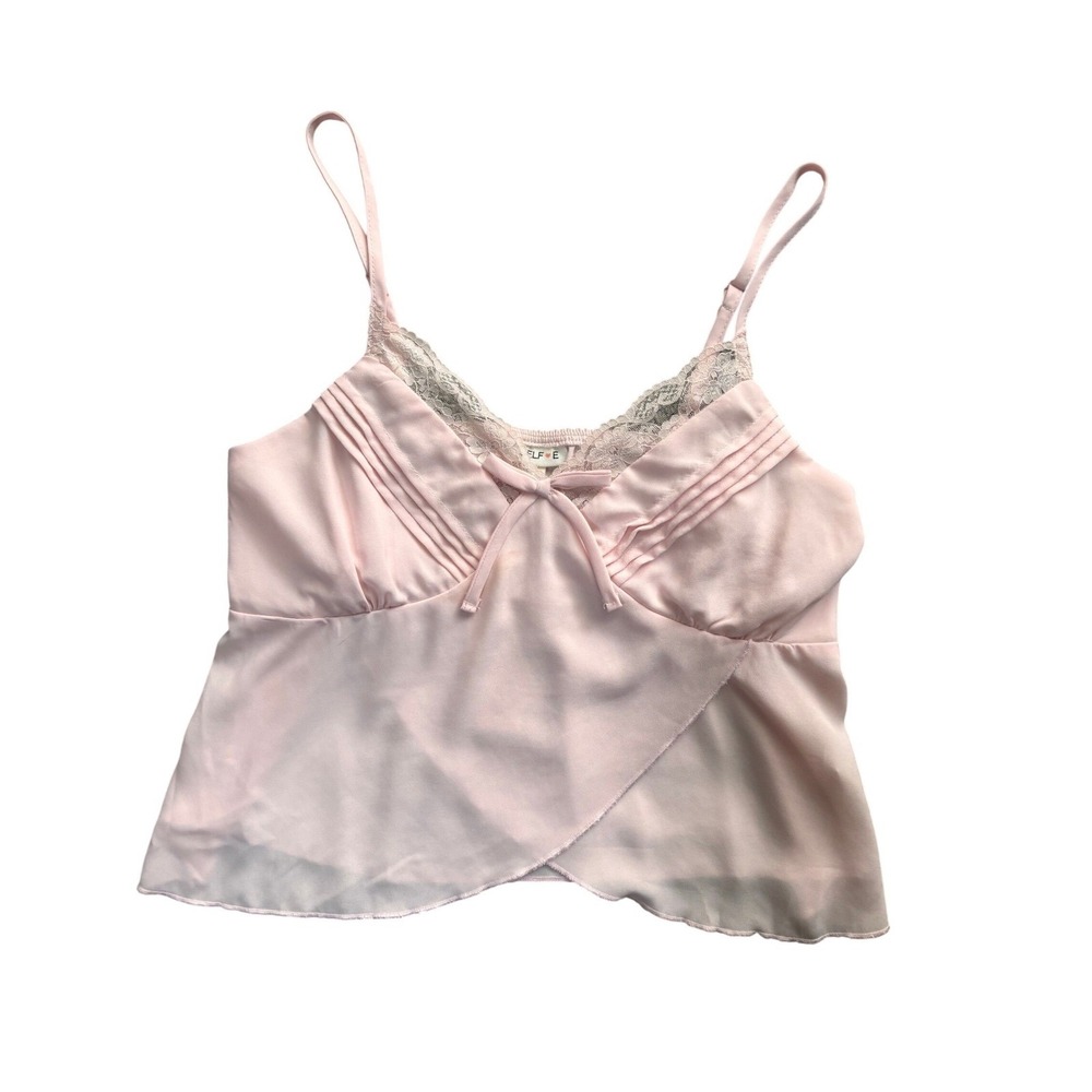 Selfie Leslie Pink Satin Lace Cami Top Womens S Tie Front Babydoll Coquette